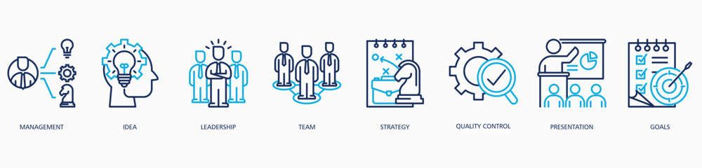 Business Strategy banner web icon vector illustration concept with icon of management, idea, leadership, strategy, quality control, presentation and goals
