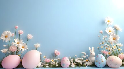 Obraz premium Minimalist Easter Day background . The scene features a soft pastel-colored with various Easter-related items such as decorated eggs, a small bunny figurine, and a few spring flowers
