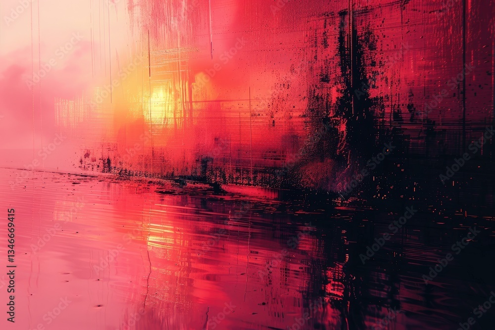 Aufkleber abstract rendering depicting a dark red environment with water reflections