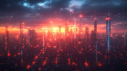 Fototapeta premium Futuristic city skyline at sunset with glowing red lights