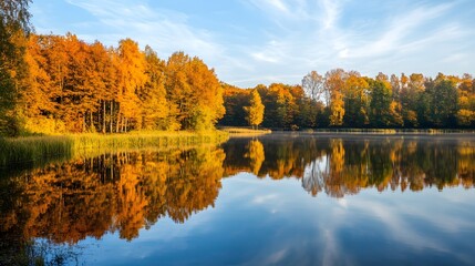 Obraz premium Autumnal lake reflection Golden trees mirroring in calm water under a scenic sky