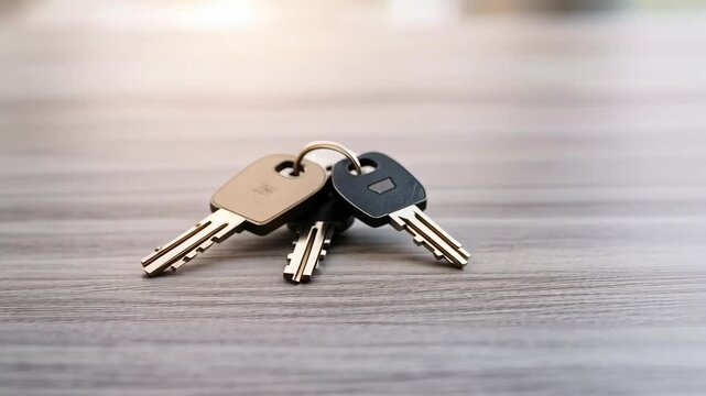 Set of metal keys on wooden surface for modern security and design concepts