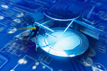 Production of digital boards. Semiconductor manufacturing machine. Robot creates microprocessor....