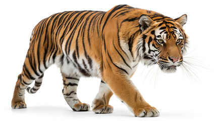 Obraz premium Striped Feline: A tiger captured in motion, walking with a focused gaze and highlighting its natural grace and strength.