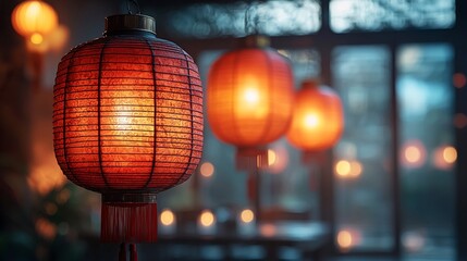 Fototapeta premium Elegant chinese lanterns emitting a warm glow in a serene setting indoors