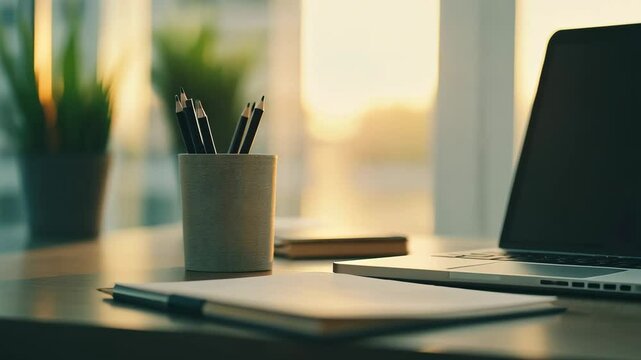 Cozy workspace at sunset with laptop and stationery