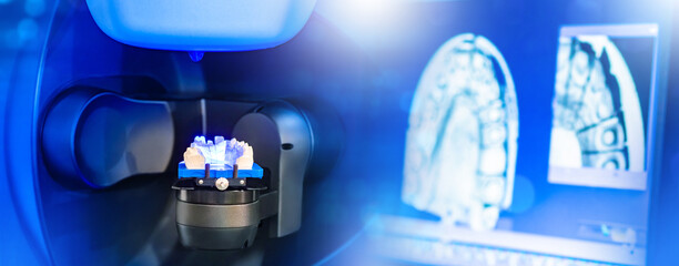 Workplace dental technician. Production of dental crowns. Milling dental system with computer...