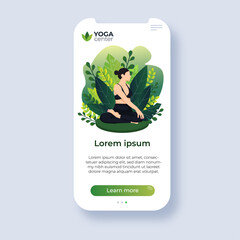 Mockup for phone of young faceless woman practicing yoga. Gradient vector flat illustration. The nature concept of fresh eco meditation and relax with green tropical leaves