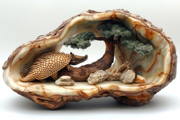 Naklejka premium A Carved Sculpture Displays An Animal Inside Of A Natural Display