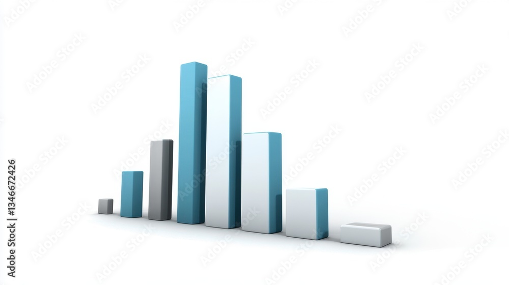 Poster a 3d bar graph with varying heights in shades of blue and gray, representing data comparison and tre