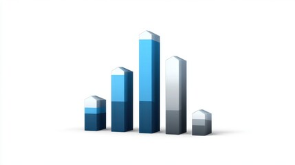 A sleek, modern bar graph in shades of blue and gray, representing data trends with varying heights.