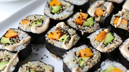 Quinoa Sushi Rolls with Avocado Sweet Potato and Tahini Dressing