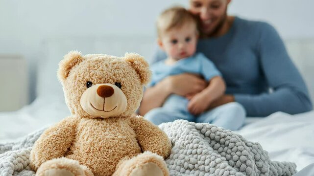 Cuddly teddy bear and fatherson bonding moment on cozy bed