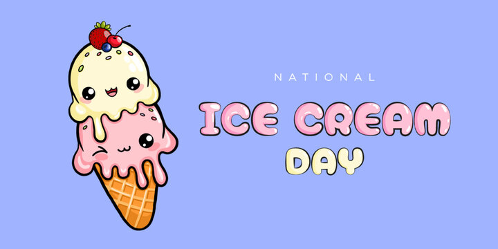 National ice cream day. Design template for banner, poster or card with cute ice cream character. Vector illustration