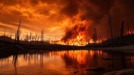 A dramatic scene of a wildfire engulfing trees, with a fiery sky reflected in a tranquil lake, highlighting nature's power and beauty.
