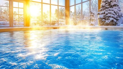 A sunny indoor spa pool with winter scenery outside the windows