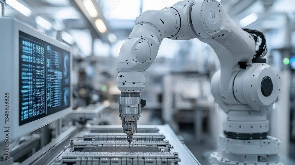 Poster white robotic arm in modern automated factory setup