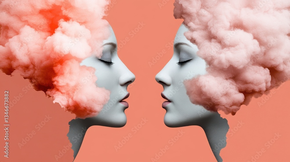 Poster two stylized faces in profile, adorned with colorful clouds, creating a surreal and artistic represe