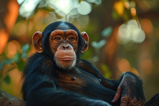 A chimpanzee sitting on a branch and looking at the viewer - Powered by Adobe