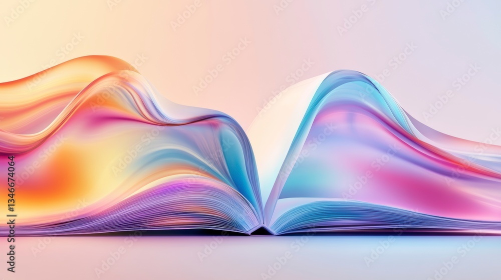 Poster abstract colorful swirling book pages open, revealing vibrant iridescent texture.