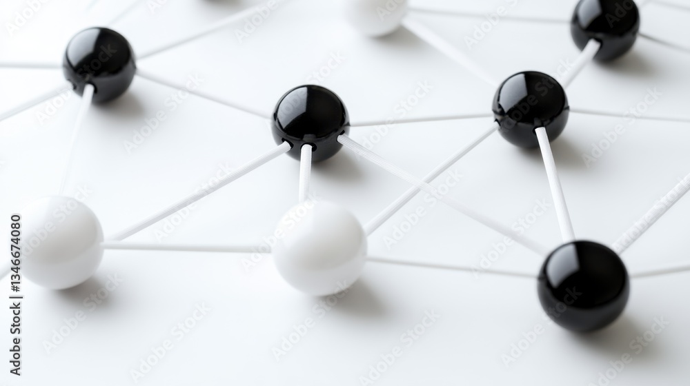 Poster a close-up image of interconnected black and white spheres on a light background, representing a net