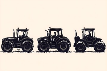 Many black agricultural tractors in various angles, ideal for farm equipment catalogs.