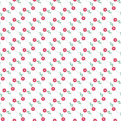 Seamless Floral Pattern Featuring Red Blossoms and Green Leaves on Light Background