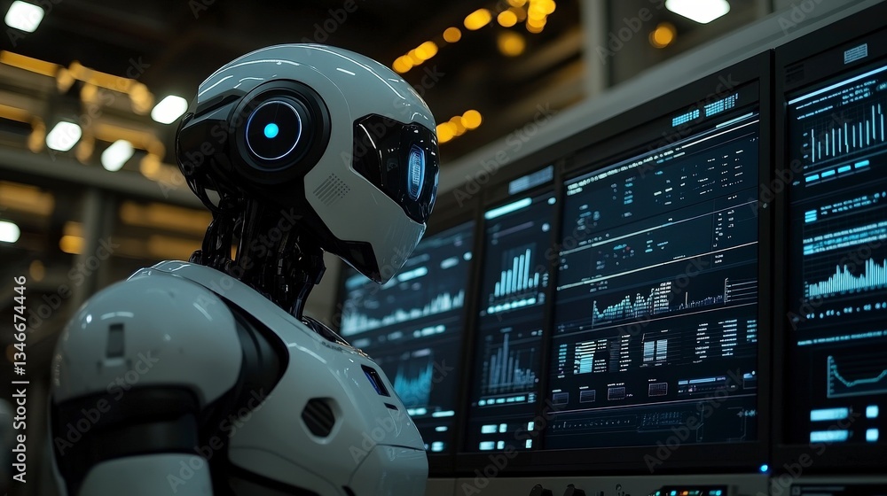 Poster white humanoid robot analyzing data on screens