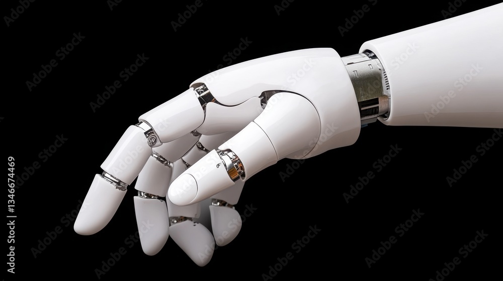 Poster a close-up view of a white robotic hand with intricate mechanical joints and a sleek design, showcas