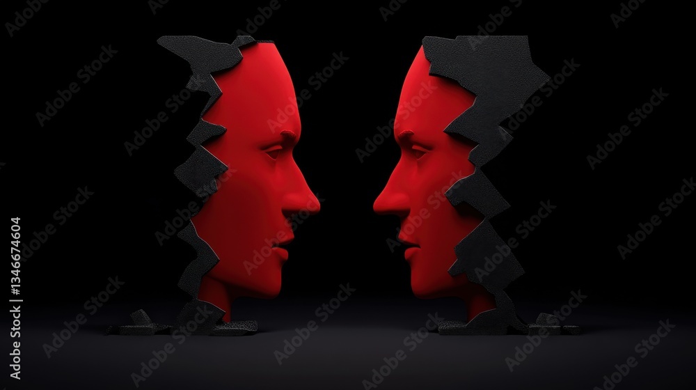 Poster two abstract red faces face each other, separated by jagged black edges, creating a striking visual 