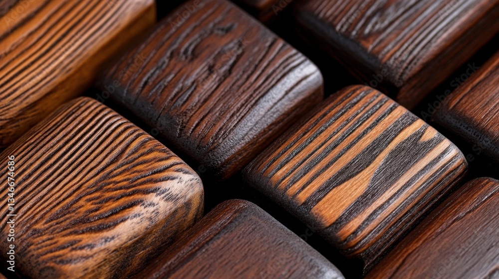 Poster close-up of various textured wooden blocks showcasing rich colors and patterns, highlighting the bea