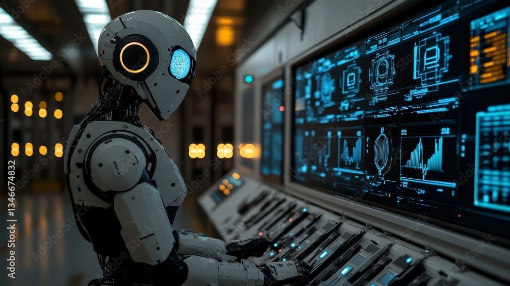 Poster futuristic robot operates control panel interface