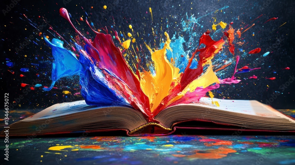 Poster Colorful paint exploding from an open book, representing creativity and imagination.