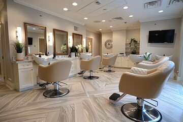 A clean and elegant interior of a hair salon space
