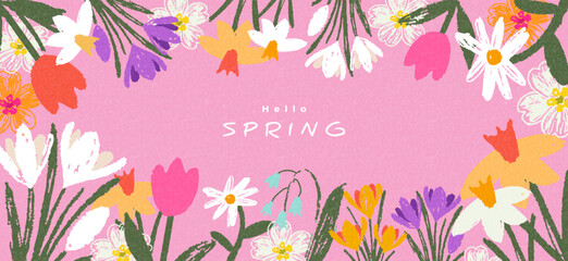 Modern Spring greeting card, banner, cover, poster with hand drawn flowers on pink background for Womens Day, Mothers Day, birthday, Easter.Tulips, daisies, daffodils, crocuses.