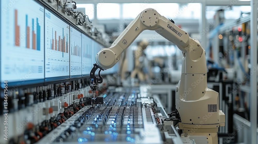 Poster robotic arm analyzing circuitry in high-tech lab