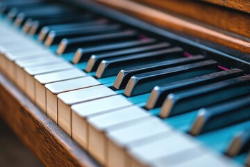 A close up angled view of a classic musical instrument keyboard