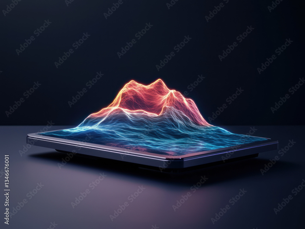 Poster futuristic display showcasing vibrant waves and peaks, representing data visualization in sleek desi