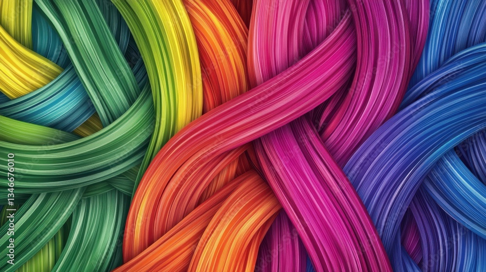 Poster a vibrant, colorful abstract design featuring intertwined strands of rainbow hues, creating a visual