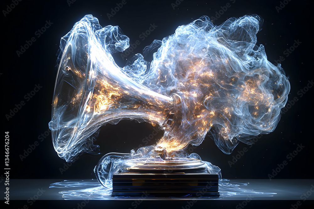Poster abstract glowing particle soundwave visualization