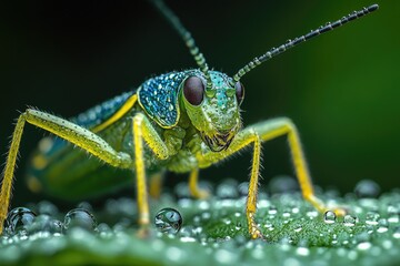 A close up image of a colorful grasshopper