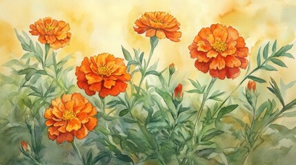 Watercolor painting of marigold flowers in a garden setting