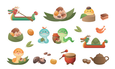 Dragon Boat Festival elements, boat race, delicious sticky rice, playful snake mascot