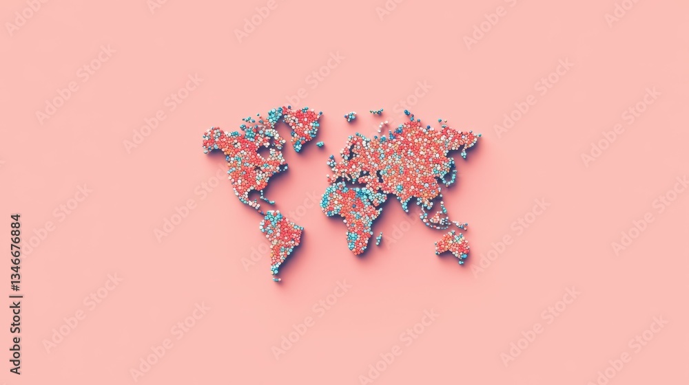 Poster a colorful map of the world composed of dots against a soft pink background, illustrating global con