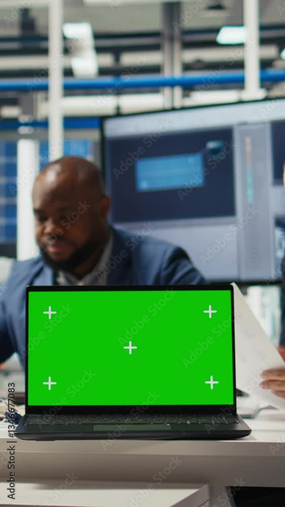 Poster vertical video factory engineers study schematics, refining production layouts using chroma key lapt