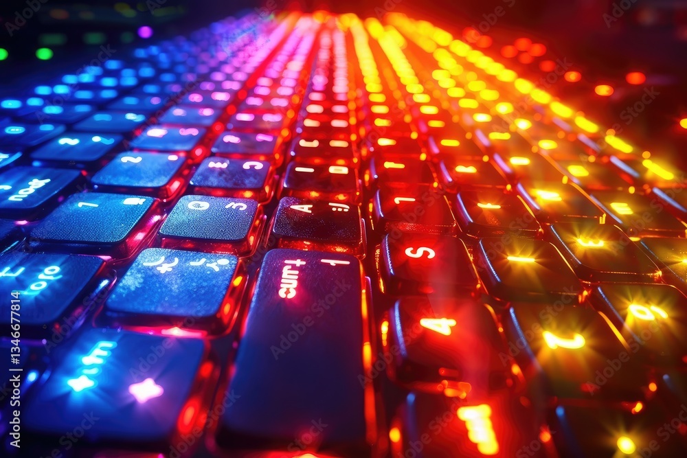 Poster a close up image showing illuminated computer keyboard keys