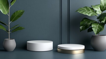 White podiums, gold accent, plants, dark-blue wall, product display