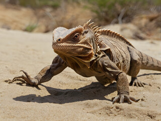 Fototapeta premium Magnificent Reptilian Stance: An exotic lizard with striking scales and an alert gaze confidently strides across the warm sand, a captivating display of nature's elegance.