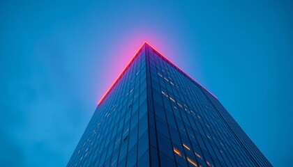 Sharp corner of skyscraper, vibrant orange neon glow against blue sky, abstract, night