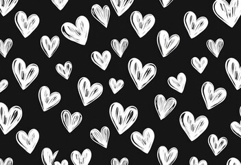 Seamless pattern of hand-drawn white hearts on a dark background, fabric, hearts